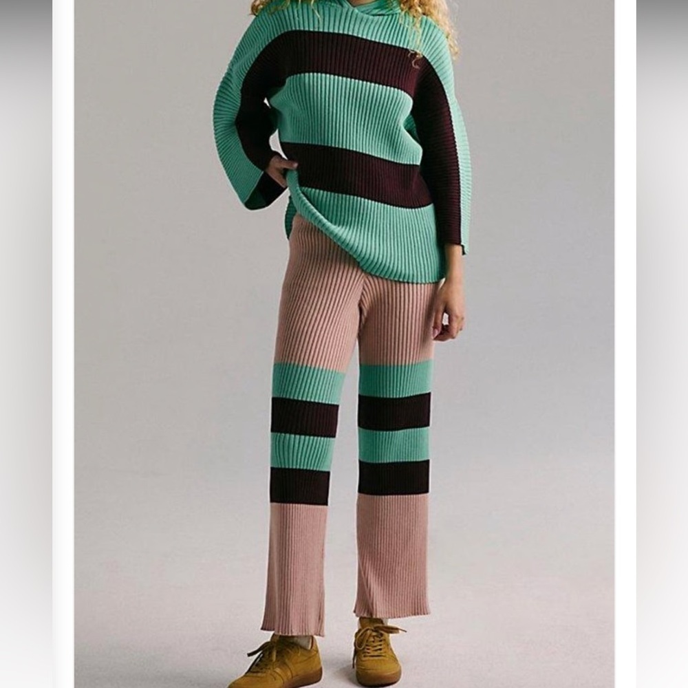 Free People Striped Ribbed Ankle Pants in Mint, Taupe & Dark Brown